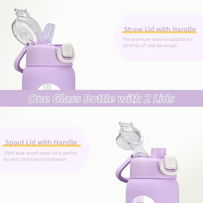 24 oz Glass Water Bottles with 2 Lids-Handle Spout Lid & Straw Lid, Motivational Water Bottle with Time Marker and Silicone Sleeve,Leakproof-Purple-1 Pack