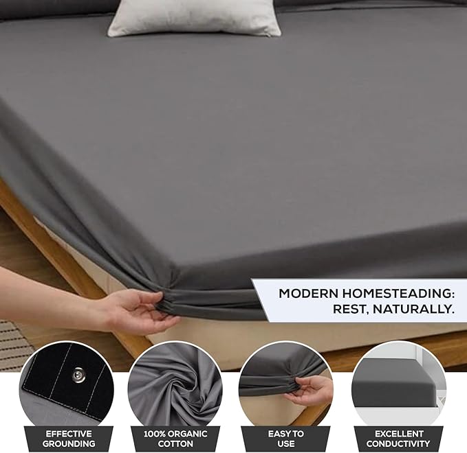 Earthing Grounding Sheets King Size (Grey) - 400 Thread Count Soft Earthing Grounding Sheet w/Cotton, & Silver Fiber- Earthing Sheets Grounding with Reinforced Grounding Cord for Conductivity