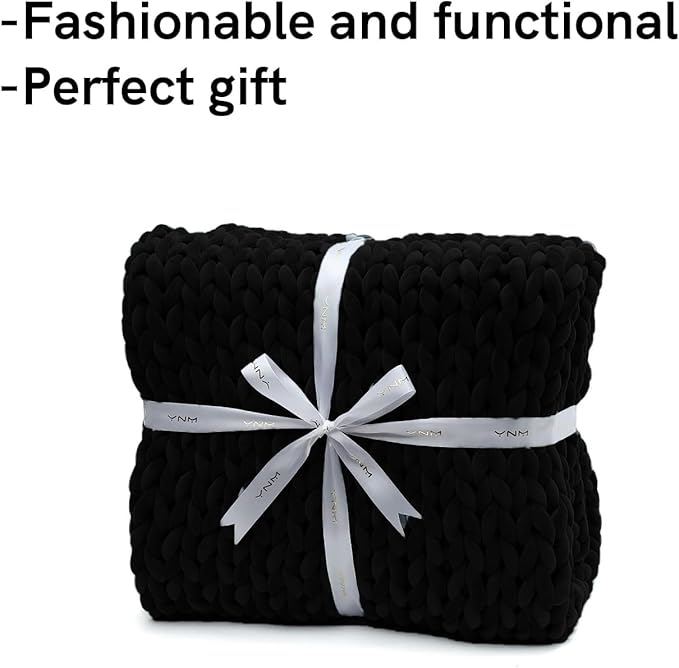 YnM Velvet Weighted Blanket, Handmade Chunky Knitted Design, Soft and Cozy, Temperature Regulating and Breathable, Machine Washable Throw for Sleep or Home Decor (Black, 60x80 Inch, 15lbs)