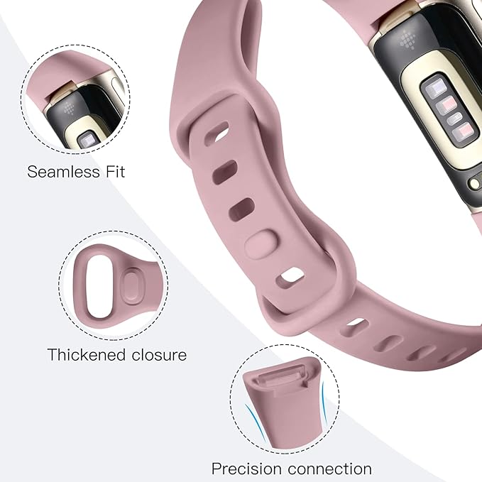 Maledan Band Compatible with Fitbit Charge 6/Charge 5 Bands for Women Men, 3 Pack Soft Silicone Sport Replacement Slim Accessories for Fitbit Charge 5/Charge 6 Fitness Tracker, Pink/Lavender/Ashy Pink