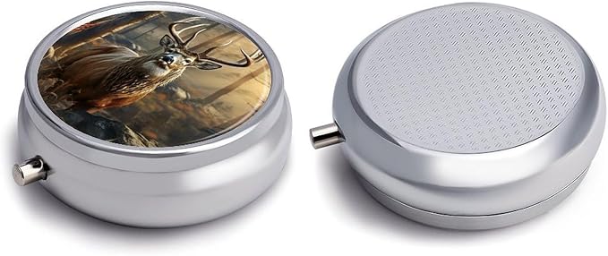 Deer Hunting Season Pill Box 3 Compartment Waterproof Pill Case with Mirror Round Container Metal Medicine Box Organizer Portable Vitamin Case for Pocket & Purse Travel