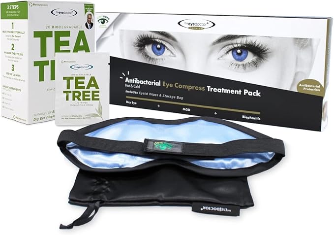 The Eye Doctor Premium Treatment Bundle - Reusable Hot Cold Eye Compress & 20x Single Use Tea Tree Eyelid Wipes for Dry Eye, Blepharitis & MGD - Microwave Safe Mask
