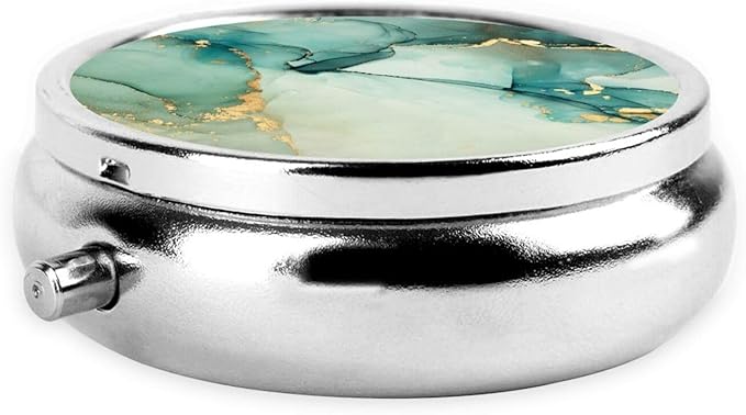 Blue Green Jade Texture Marble with Golden Veins Gold Metallic Swirls and Foamy Print Round Metal Pill Box with 3 Compartment for Pocket or Purse Travel Bag Mini Small Size 2 inche