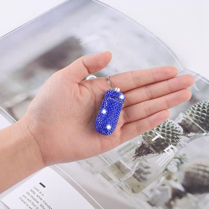 Rhinestone Pill Case Keychain, Waterproof Glitter Travel Pill Holder Storage Bottle with Keychain, Bling Pill Container Portable Pill Bottle Case for Outdoor Camping Traveling
