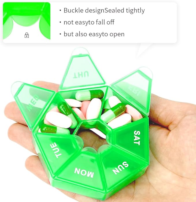Pill Organizer, Pill Box, Small Pills Case, Medicine Organizer 1 Time a Day, Weekly Medicine Organizers, Containers, Pil Daily Medicines Holder Travel Box 7 Day (Light Green)