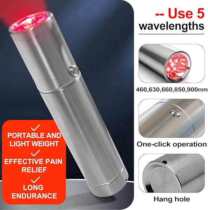 Red Light Therapy Wand, Handheld Portable Red & Infrared Light Therapy Device for Pain Relief, Muscles & Joints, Flashlight-Style Infrared Wand for Home & Travel Use（5 Wavelengths）