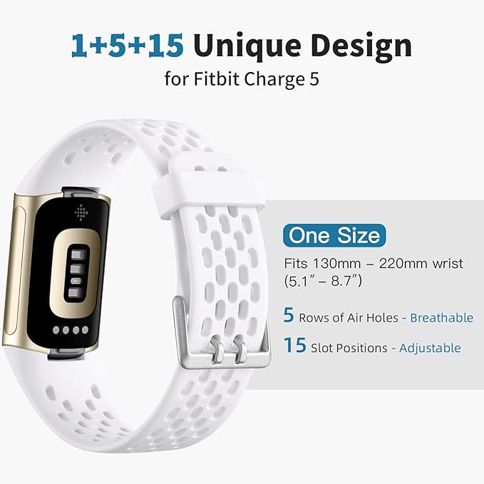 Replacement Bands Compatible with Fitbit Charge 5/ Charge 6 for Women Men, Soft Breathable Sport Bracelet Adjustable Waterproof Wristbands for Fitbit Charge 5/ Charge 6 Advanced Fitness Tracker, White