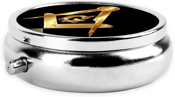 Travel Pill Organizer Large Portable Gold Freemason Freemasonry Masonic, 3 Compartment Round Pill Box with Mirror, Travel Case Pill Holder for Vitamin Medicine