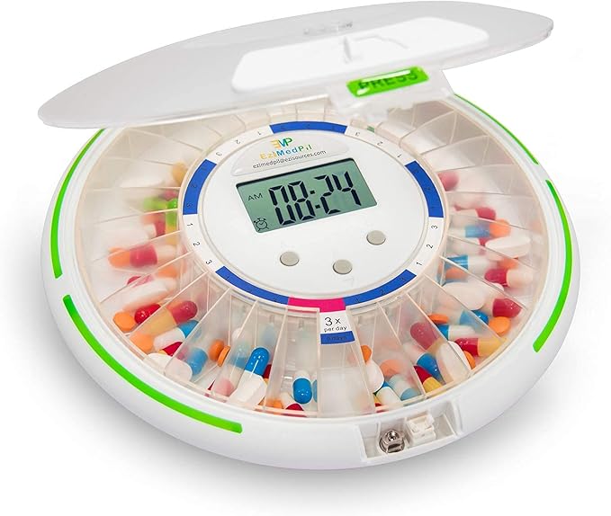 EziMedPil Automatic Pill Dispenser w/Audio & Visual Alerts, up to 6 Alarms/day, 6 Dosage Templates, Easy-Read LCD Display, Lock Medication Dispenser w/Key for Prescriptions, Vitamins & More, Clear Lid