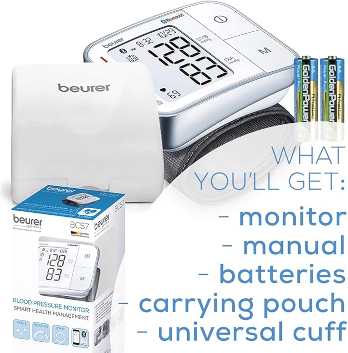Beurer BC57 Wrist Blood Pressure Monitor – Automatic Wrist Blood Pressure Cuff - Bluetooth – 120 Memory Spaces with Irregular Heart Rate Detection, Large Display, Resting Indicator, Storage Case
