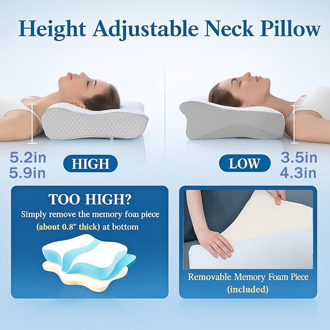 Cervical Pillow for Neck Pain & Side Sleepers Patented Ergonomic Memory Foam Pillow – Adjustable Height for Back & Side Sleeping, Anti-Snoring (Grey+White, 130-175 lbs)