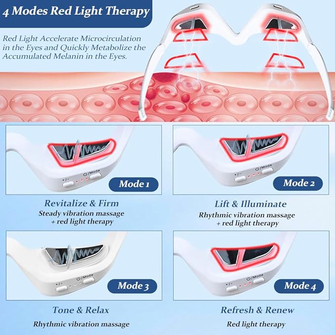Under-Eye Red Light Therapy Device, Jaxbo Red Light Therapy Glasses with Microcurrent,Eye Massager for Relieve Eye Bags, Eye Fatigue, Dark Circles, with Glasses Cleaning Cloth