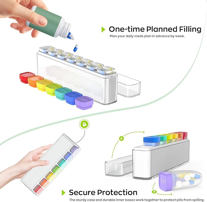 Weekly Pill Organizer 1 Time a Day, HIONXMGA Portable Detachable Travel Pill Box 7 Day, Large Once Daily Pill Holder Case, Color-Coded Dispenser for Vitamin Medicine Supplement Fish Oil, White