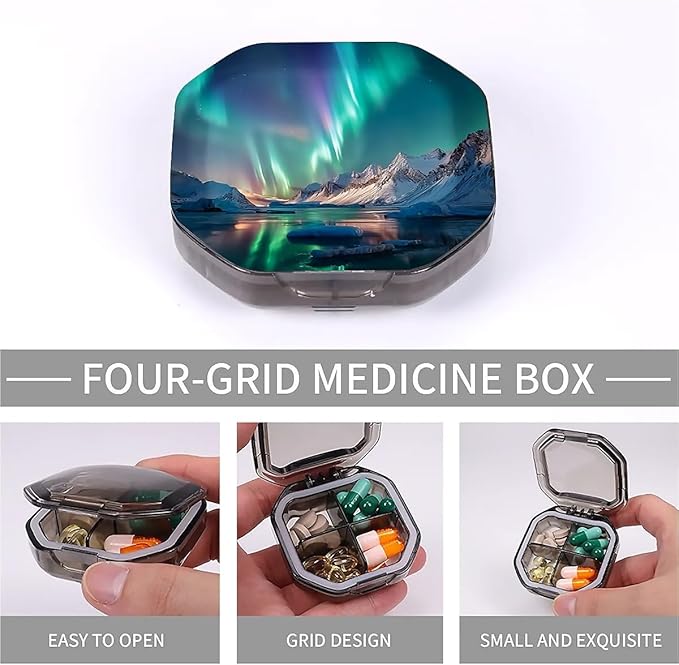 This Portable Northern Lights Pattern 4-Compartment Pillbox Can Be Placed in A Pocket Or Wallet to Store Vitamins, Medicines Fish Oil Health Supplements Other Medications.
