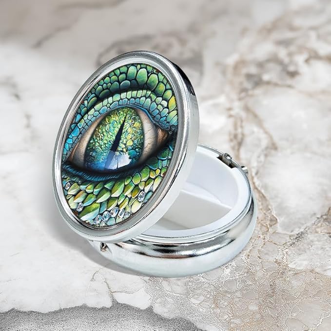 Portable Round 3 Compartment Metal Pill Box Eye of The Jade Dragon Ideal for Travel Office Medication Organization and Daily Needs for Home and Cafe Use