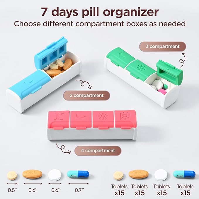 Weekly Pill Organizer, 7-Day Medicine Box, 2-3-4 Times Daily, Black Leather Travel Case (3 Compartment)