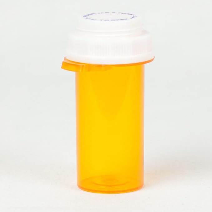 Five Star Supplies Thumb Tab Plastic Pill Bottles - Reversible Cap Easy Open & Child Resistant - Pill Container Prescription Vial - Easy Open/Push N Turn (Amber, 10 DRAM 255 ct.)