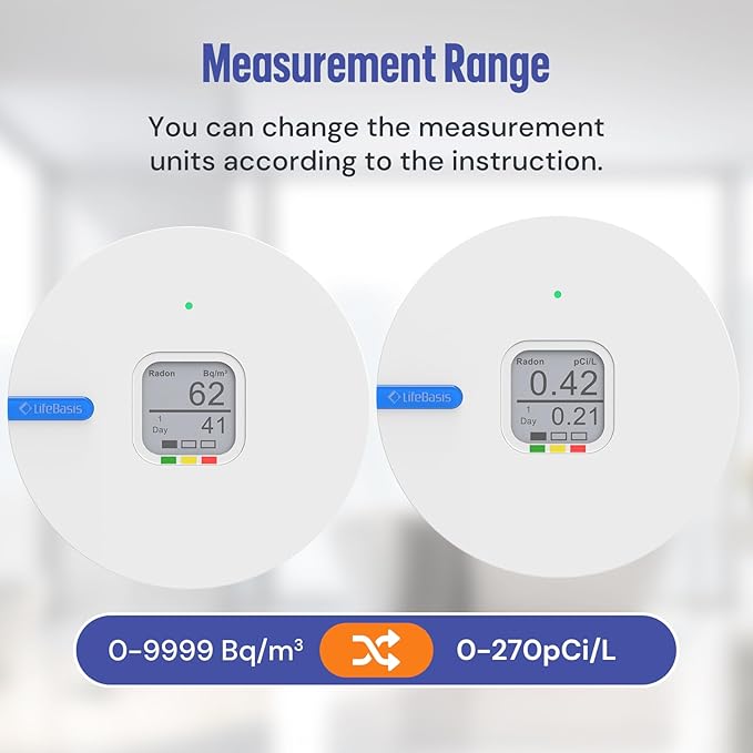 LifeBasis Radon Detector for Home, Portable E-Ink Display Radon Meter with Short & Long Term Monitoring of Radon Levels, Switchable Mesurement Unit Bq/m3 or pCi/L, Battery-Powered