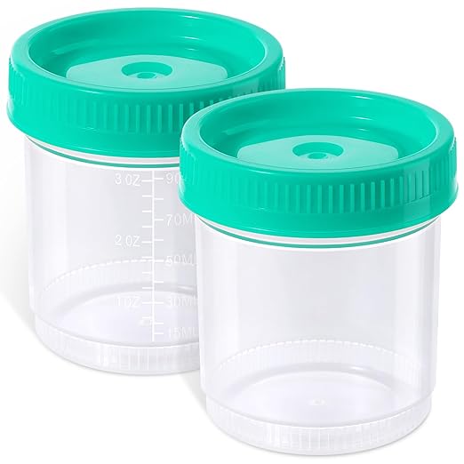 Easy@Home Specimen Collection Cups with Tight Screw Lids, Pack of 2 Leak-Proof Disposable Sample Containers 90ML/3OZ Large Capacity, Individual Packet