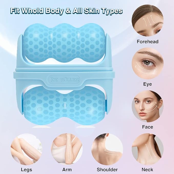 Ice Roller for Face & Eye, Puffiness & Migraine Relief 2-in-1 Stainless Steel Cold Therapy Facial Roller, Long Lasting Skin Care Tool - Blue