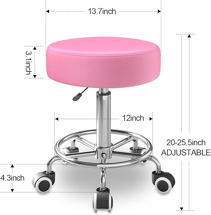 Rolling Stool, Heavy Weight Capacity 250lb, PU Leather Rolling stools, Ultra Soft Padded Seat, Rolling Stools with Wheels and Footrest, 360° Swivel, Spa Drawing Salon Work Office Tattoo Stool (pink)