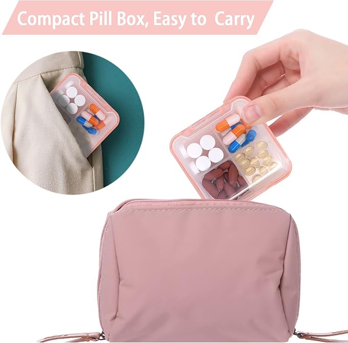 Pill Case for Pocket Travel Pill Organizer Small Pill Box Portable 4 Compartments Removable Medicine Organizer for Vitamin Fish Oil (Light Pink)