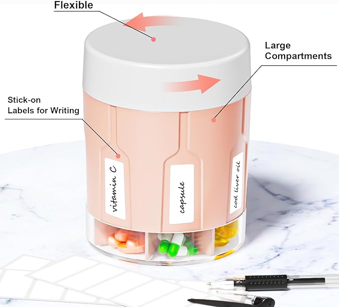 Betife Extra Large Supplement Organizer,Weekly Pill Organizer Bottle, Daily Pill Dispenser with 7 Large Compartments, Organizer to Hold 7 Day Vitamin Medication,21 Labels and a Cleaning Brush（Pink）