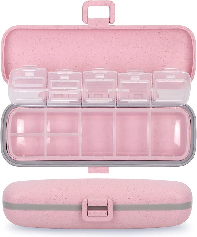 Naturetouch Pill Organizer, 7 Compartments Pill Box Portable Travel Medicine Organizer for Purse or Pocket 7 Day Pill Dispenser Storage Case with Lock for Vitamin Medication Fish Oil Supplements Pink