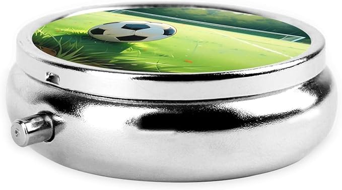 ZhongGuo Green Grass Soccer Printed Pill Organizer,Round Travel Pill Organizer Mini Medicine Pill Box for Purse Iron Plating