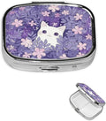 Metal 2 Compartment Square Pill Organizer Sealed Travel Pill Container, Mini Size Pill Box for Pocket Wallets Two Times a Day Compact Pill Case for Children, Men and Woman - White Cat