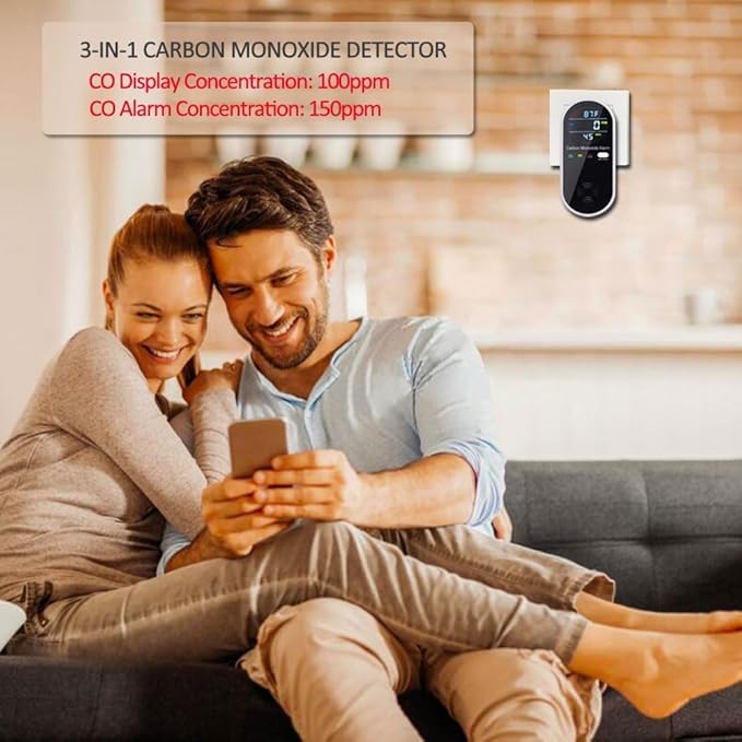 Carbon Monoxide Detectors, Plug in Type CO Alarm Monitor with Clear LCD Display, 3-in-1 Carbon Monoxide Detector (CO, Temperature and Humidity Display), Easy to Read & Install, KH106, Black