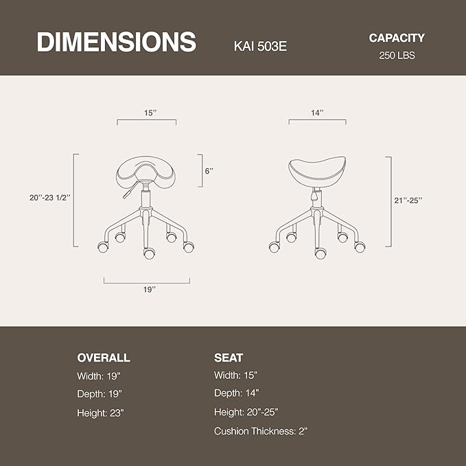 Adjustable Height Hydraulic Rolling Swivel Stool Chair with Metal Base and Faux Leather Cushion for Salon, Medical, Office and Home, 503 Kai Series - Saddle Seat, Black