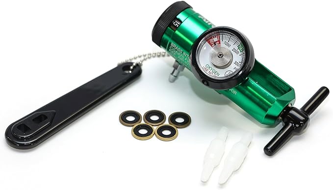 AireMed Oxygen Regulator 0-15LPM, CGA-870 Gauge Flow Rate – Includes Wrench Key, 5 Brass Yoke Washer Seals, and 2 Oxygen Tubing Swivel Connectors - Ergonomic Handle Design – Green