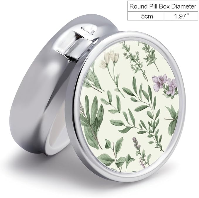 Green Flower Herb Sage Leaves and Branches Pill Box Travel Pill Case for Purse Pocket Weekly Medicine Organizer with Mirror 3 Compartment Round Medicine Case Portable PillcaseHolder for Daily