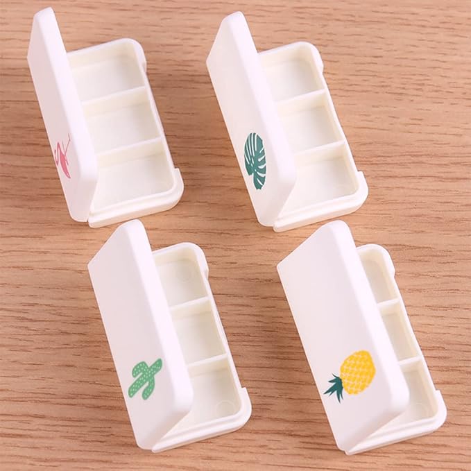 Daily Pill Box Case Waterproof Medicine Organizer Vitamin Holder Mini Pill Medicine Container for Travel Use -3 Compartments-4 Different Pattern