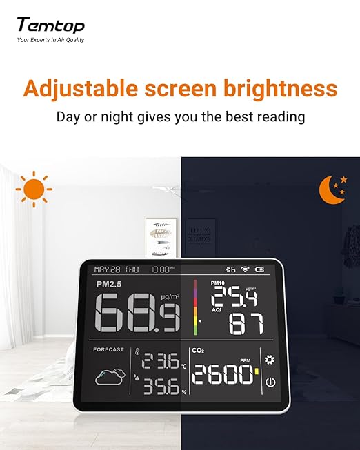 Temtop Air Quality Monitor Indoor PM2.5 CO2 Detector, 8-in-1 Smart Air Quality Weather Station with PM2.5 PM10 CO2 Temperature Humidity Sensor Weather Forecast for Home