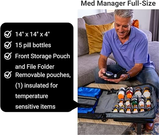 Med Manager Medicine Organizer and Portable Medical Binder, Holds (15) Pill Bottles - (11) Standard Size and (4) Large Bottles, Includes Removable 5-Tab File Folder, Red, 14 x 14 x 4 inches