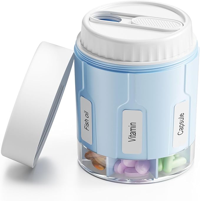 Daviky Pill Bottle Organizer, Supplement Organizer with 7 Large Compartments, Travel Pill Dispenser Round Pill Box with Two Lids（Blue）