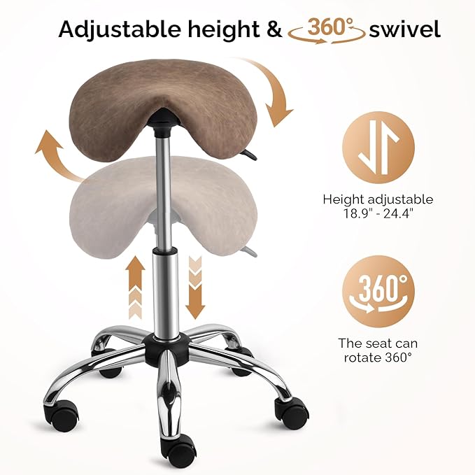 OmySalon Adjustable Saddle Stool with Footrest, Hydraulic Rolling Salon Chair, 360° Swivel Wheels Ergonomic Stool for Hair Stylists, Tattoo Artists, Office, Spa, Massage, Dental (Walnut)
