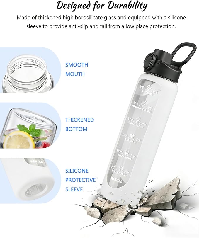 Nefeeko 32 oz Glass Water Bottles with Straw, Motivational Glass Water Bottle with Time Marker, 1 Liter BPA FREE Leakproof Reusable Glass Water Bottle with Silicone Sleeve, Bamboo Lid, Spout Lid