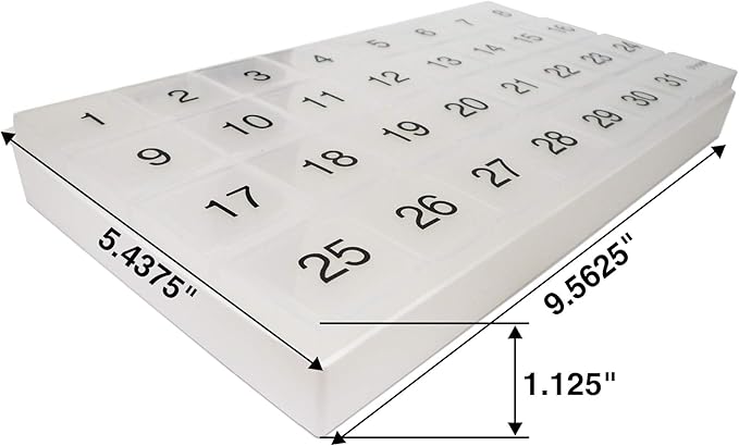 31 Day Pill Organizer | 1 per Day, 4 Week, 31 Compartments + Storage Monthly Pill Organizer | Includes Tray and 8 Removable compartments