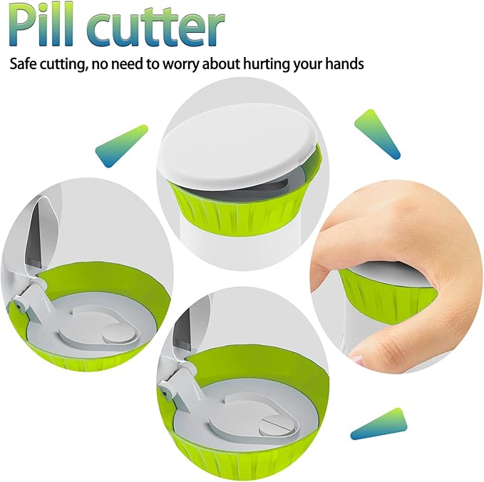 Pill Crusher Cutter Splitter for Large and Tiny Pills 3-in-1, Pill Grinder with Small Medicine Pill Organizer,Pill Crusher Fine Powder,Portable Travel Sized(Green)