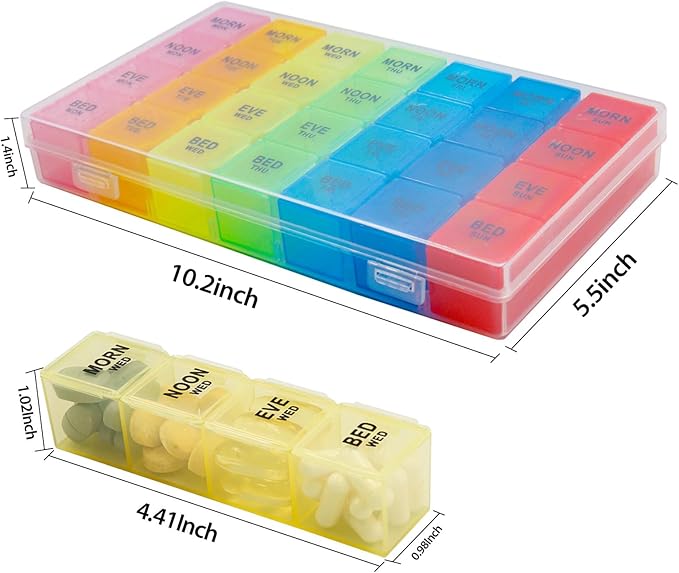 Extra Large Pill Box Weekly Pill Organizer 4 Times a Day, 7-Day Pill Boxes and Organizer, Big Compartments Pill Case, Monthly Medication Organizer 28 Days Dispenser for Fish Oils