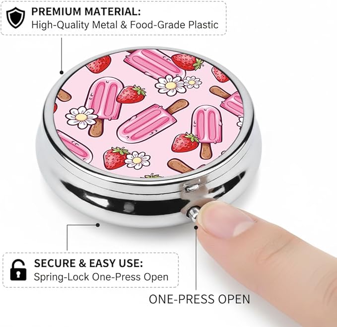 Ice Cream Pill Box 3 Compartment Small Pill Case,Portable for Pocket or Purse Pill Organizer Pill Container Holder with Mirror to Hold Vitamins, Medication, Fish Oil and Supplements