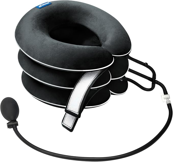 Cervical Neck Traction Device for Neck Pain Relief - Inflatable Neck Stretcher Collar for Decompression - Best Home Use Neck Brace Pump (Black Plush)