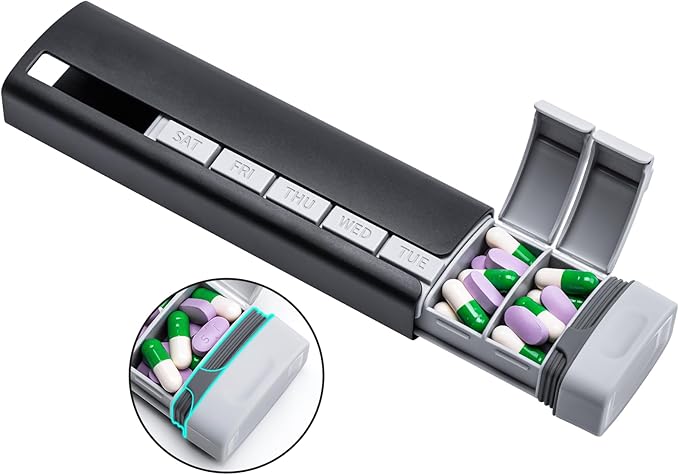 Daviky Travel Pill Organizer - Premium Aluminum 7 Day Weekly Pill Organizer, Daily Pill Case Spill Prevention, Stylish Pill Holder 7 Day Capacity for Medicine, Supplements and Vitamins (Black)