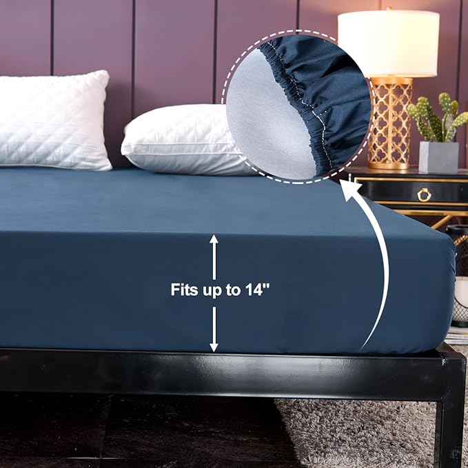 NTBED Waterproof Mattress Protector Cover Full Size Deep Pocket Polyester Bed Mattress Pad Cover Solid Color Fitted Sheet (54” x 75” (Navy Blue, Full)