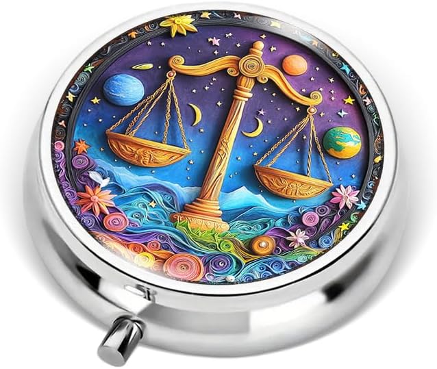 Portable Round 3 Compartment Metal Pill Box Fair Libra Zodiac Print Decor for Kitchen Office Coffee Breaks Health Tracking