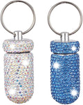 2 Pcs Pill Holder Keychain, Bling Aluminum Medicine Holder Pill Container Mini Size Waterproof and Light Weight Portable Pill Bottle Case (AB Color+Light Blue)