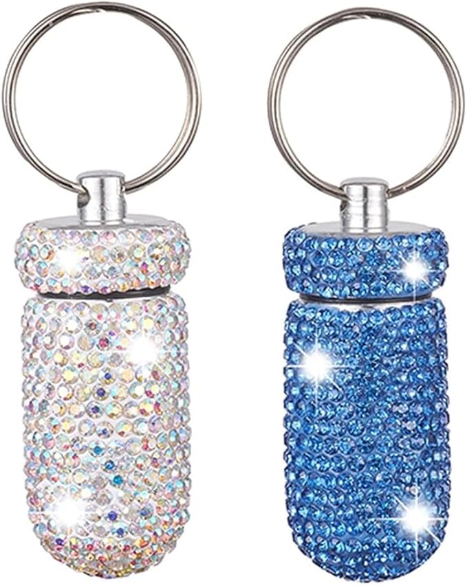 2 Pcs Pill Holder Keychain, Bling Aluminum Medicine Holder Pill Container Mini Size Waterproof and Light Weight Portable Pill Bottle Case (AB Color+Light Blue)